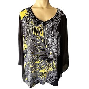 Alfani Blouse Top‎ Women's 2X Flare Sleeve Gathered Waist Black Yellow Floral
